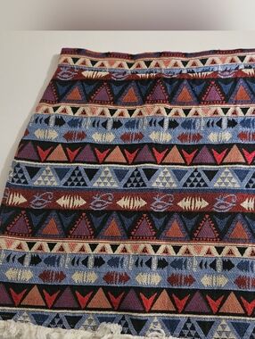 Boho Festival Fringe Mini Skirt - Southwestern Geometric Pattern - Size S